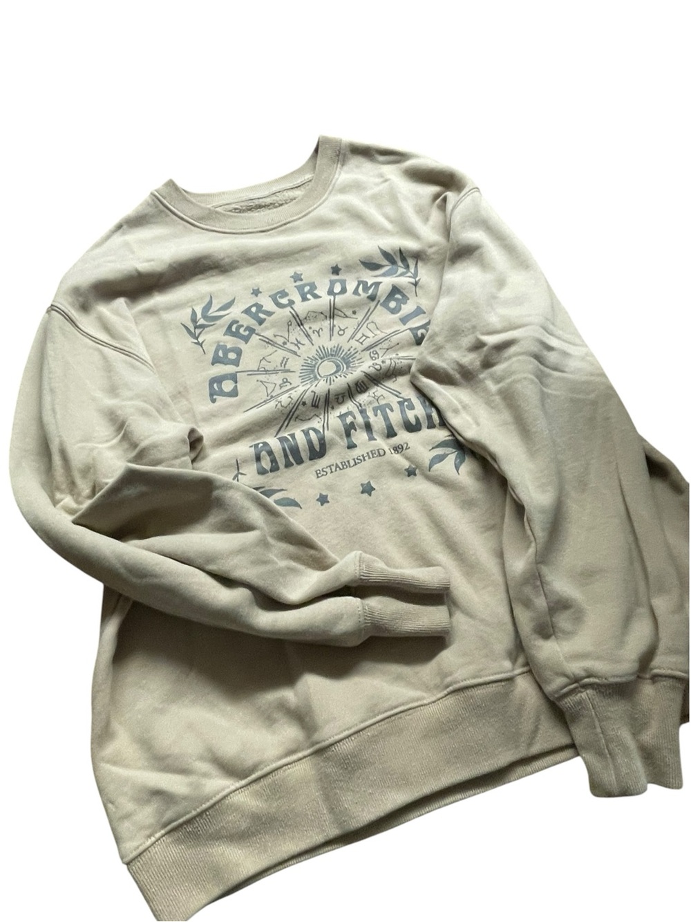 Abercrombie & Fitch Cream Crewneck with Pale Blue Graphic Logo